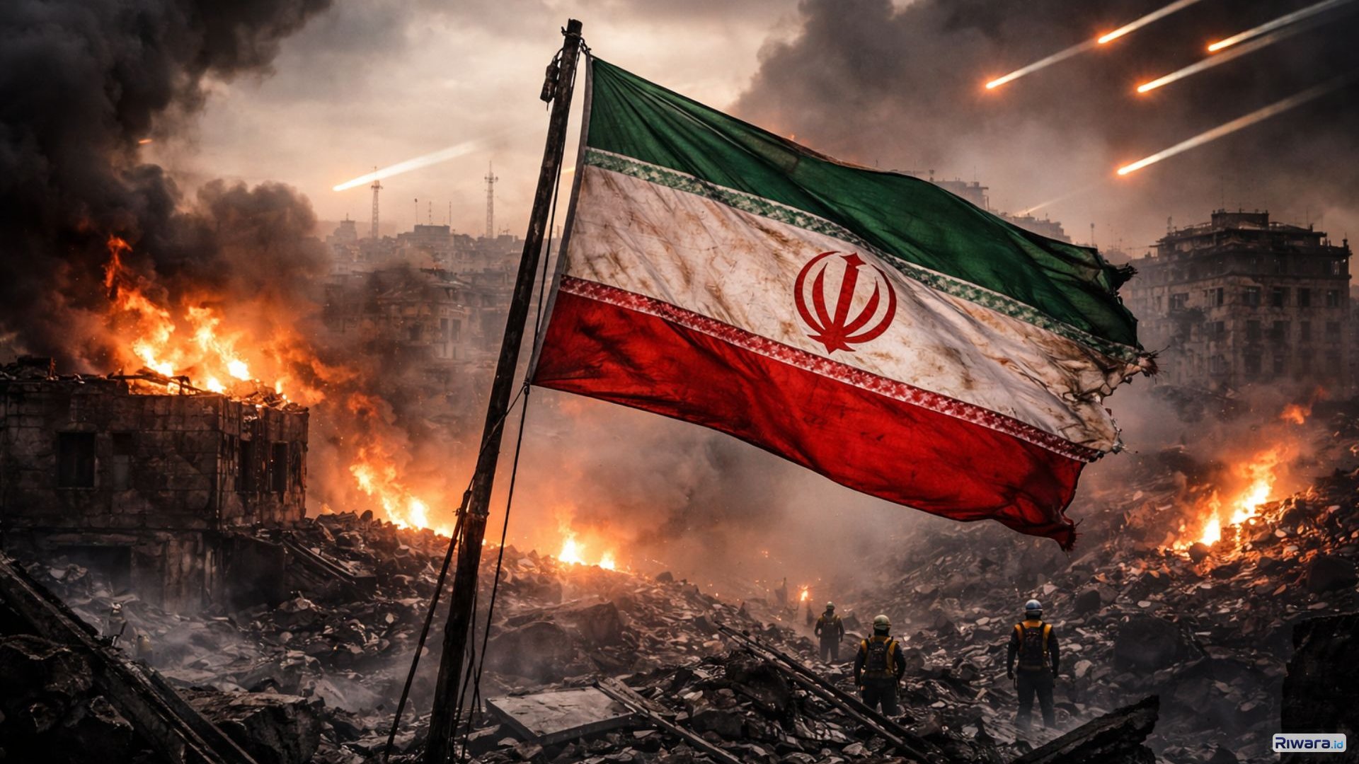 Ilustrasi bendera Iran berkibar di tengah puing dan kobaran api di wilayah konflik Timur Tengah.